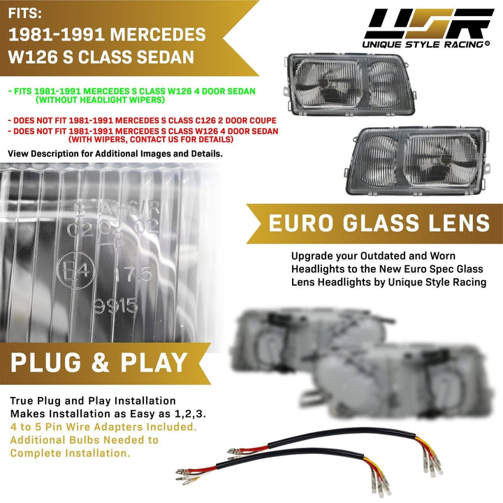 1981 - 1991 Mercedes S Class W126 EURO GLASS Lens Headlight with Optional Corner Light