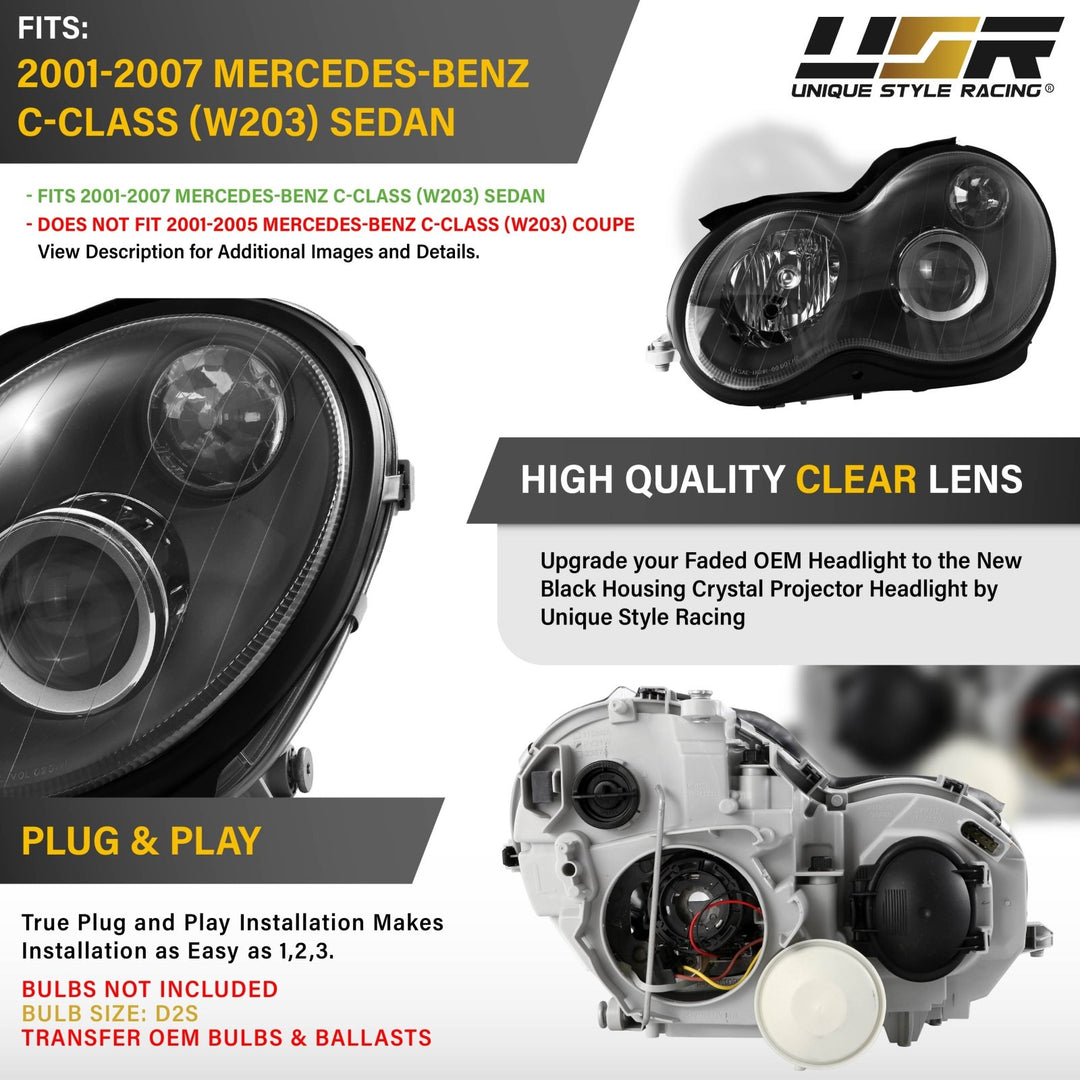 2001-2007 Mercedes C Class W203 Black Housing D2S Projector Headlight