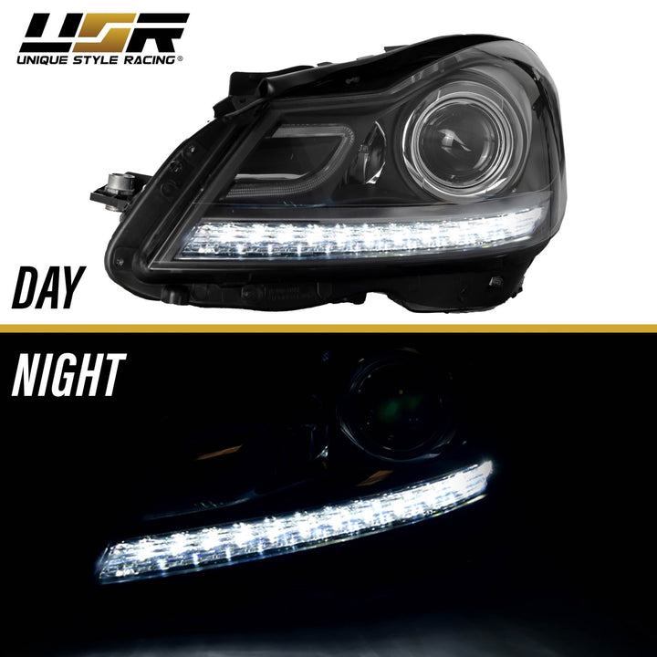 2012 - 2014 Mercedes Benz C Class W204 USR Edition Projector Headlight w/ White LED Strip DRL & Switchback Amber LED Turn Signal Halogen Model