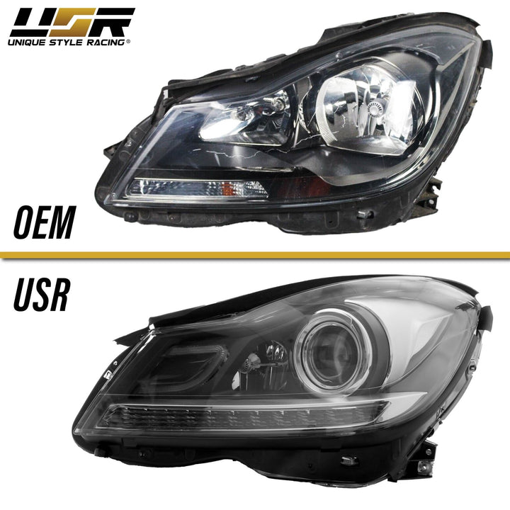 2012 - 2014 Mercedes Benz C Class W204 USR Edition Projector Headlight w/ White LED Strip DRL & Switchback Amber LED Turn Signal Halogen Model