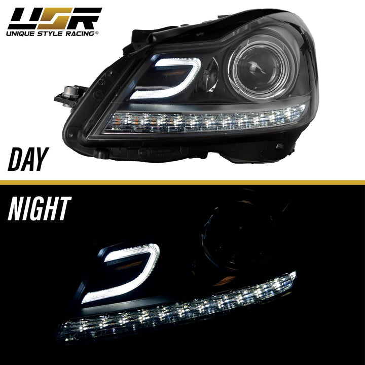 2012 - 2014 Mercedes Benz C Class W204 USR Edition Projector Headlight w/ White LED Strip DRL & Switchback Amber LED Turn Signal Halogen Model