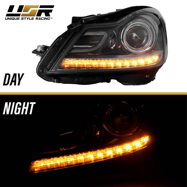 2012 - 2014 Mercedes Benz C Class W204 USR Edition Projector Headlight w/ White LED Strip DRL & Switchback Amber LED Turn Signal Halogen Model