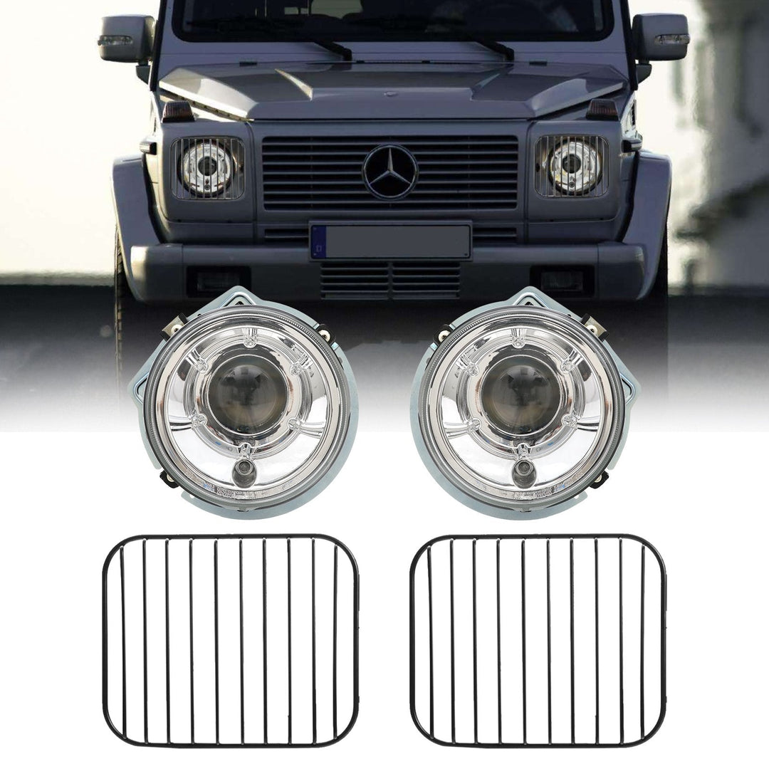2002 - 2006 Mercedes Benz G Class Wagon W463 Facelift Style Glass Lens Chrome Housing Projector Headlight + Safari Style Stone Guard Grills