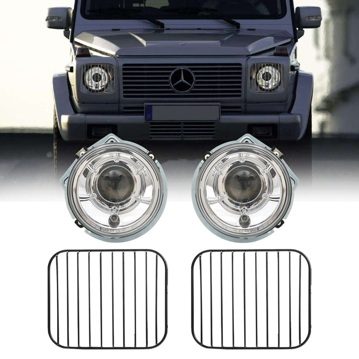 2002 - 2006 Mercedes Benz G Class Wagon W463 Facelift Style Glass Lens Chrome Housing Projector Headlight + Safari Style Stone Guard Grills