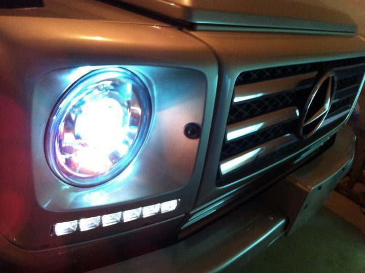 2002 - 2006 Mercedes Benz G Class Wagon W463 Facelift Style Glass Lens Chrome Housing Projector Headlight + Safari Style Stone Guard Grills