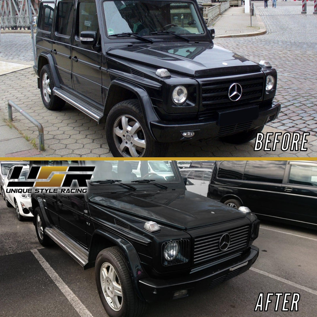 2002 - 2006 Mercedes Benz G Class Wagon W463 Facelift Style Glass Lens Chrome Housing Projector Headlight + Safari Style Stone Guard Grills