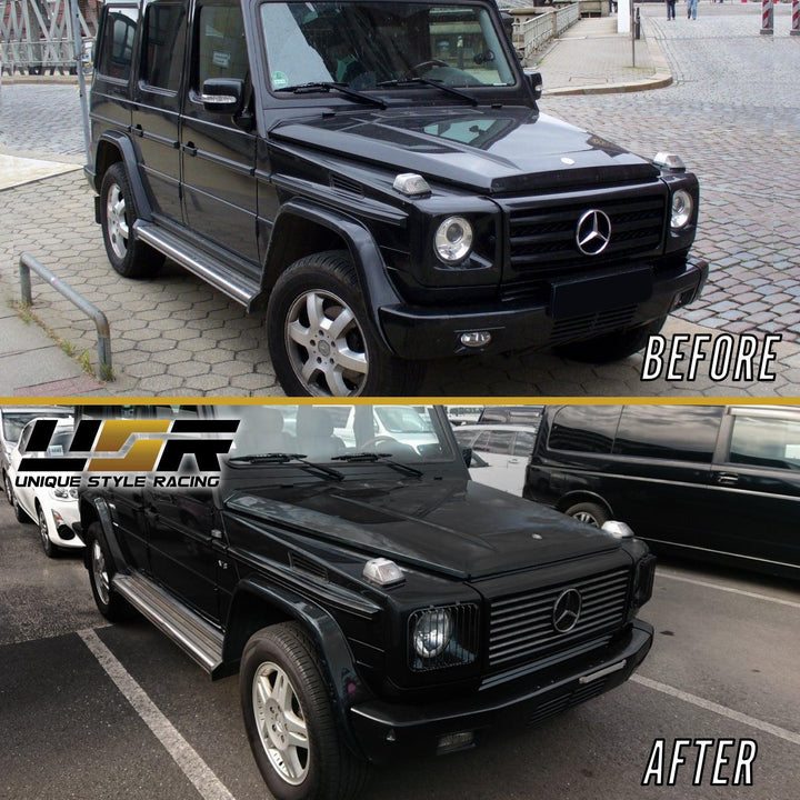 2002 - 2006 Mercedes Benz G Class Wagon W463 Facelift Style Glass Lens Chrome Housing Projector Headlight + Safari Style Stone Guard Grills