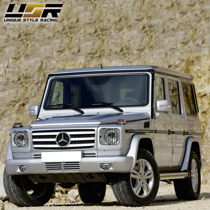 2002 - 2006 Mercedes Benz G Class Wagon W463 Facelift Style Glass Lens Chrome Housing Projector Headlight + Safari Style Stone Guard Grills