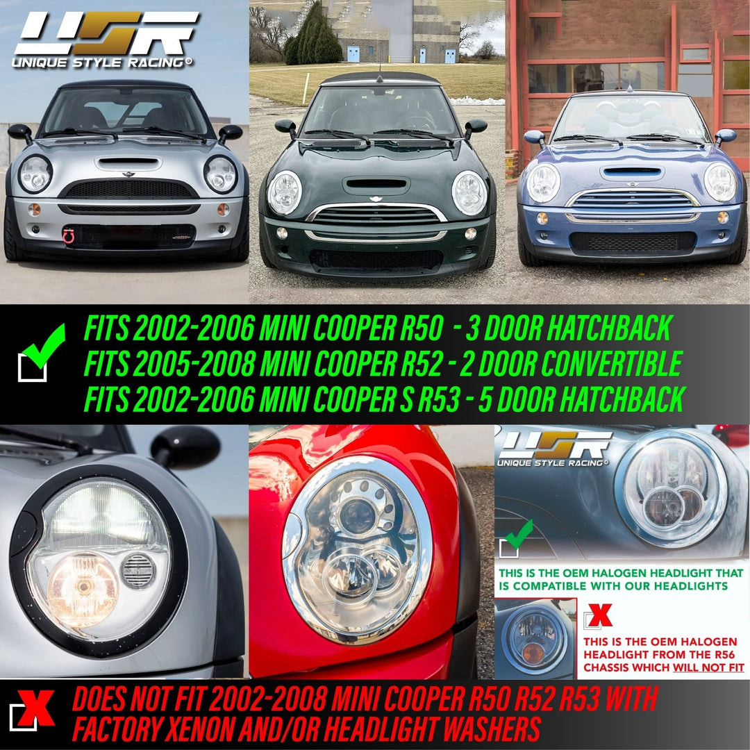 2005 - 2008 Mini Cooper Cooper S R50 R52 R53 Euro Style Black Housing Headlights DOT/SAE