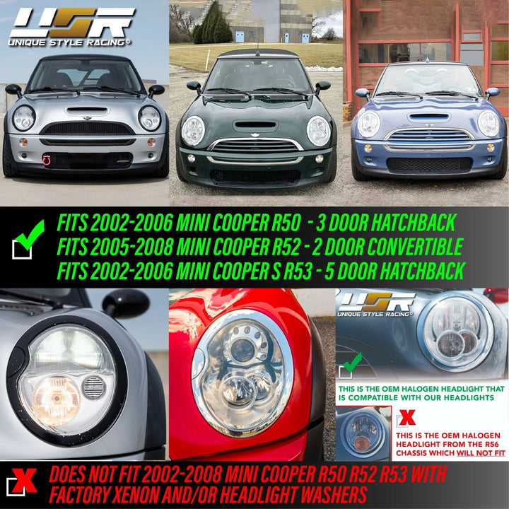 2005 - 2008 Mini Cooper Cooper S R50 R52 R53 Euro Style Black Housing Headlights DOT/SAE