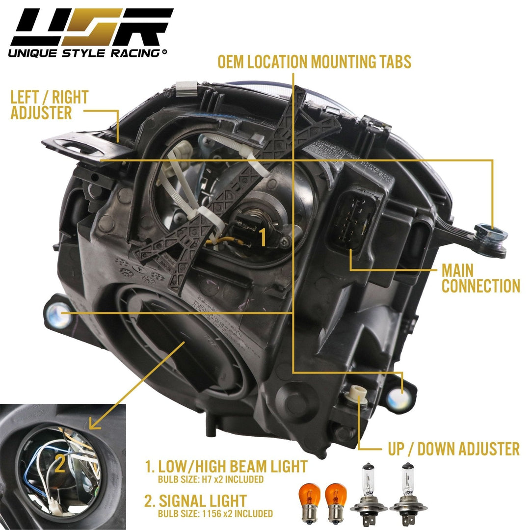 2007 - 2013 Mini R56 R55 R57 Euro ECode Black Housing Projector Headlight for Halogen Models