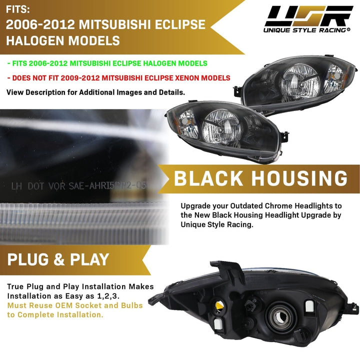 2006 - 2012 Mitsubishi Eclipse GT Euro Black Housing Clear Lens Headlights