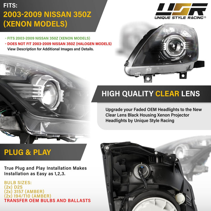 2003-2009 Nissan 350Z Z33 Facelift Style JDM Black Housing D2S BiXenon LED Projector Headlights