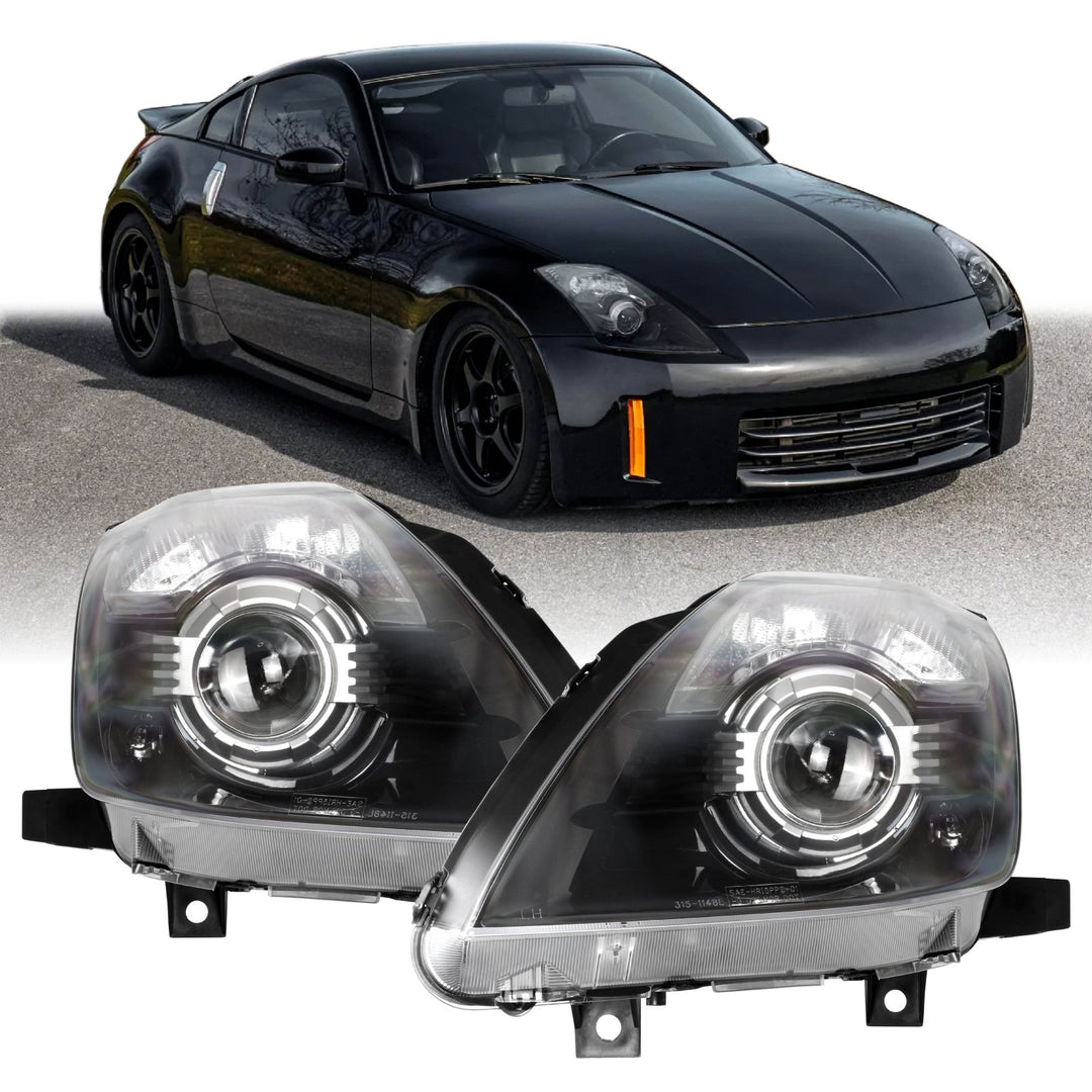 2003-2009 Nissan 350Z Z33 Facelift Style JDM Black Housing D2S BiXenon LED Projector Headlights