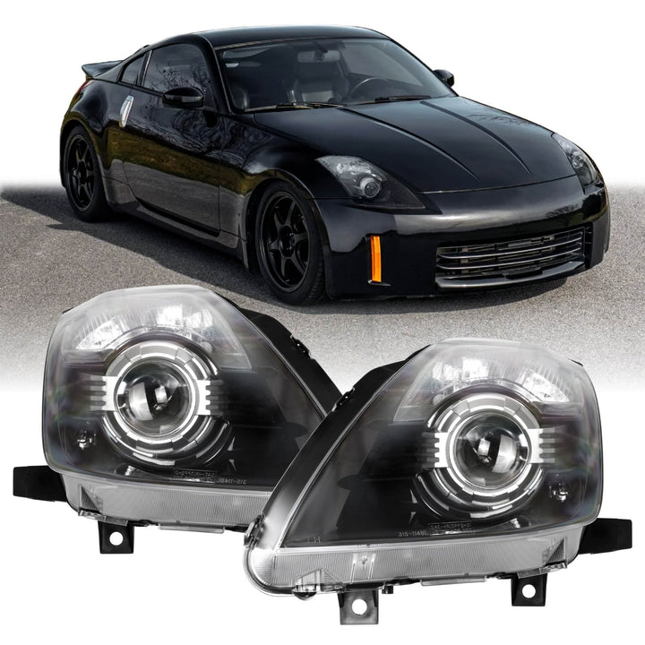 2003-2009 Nissan 350Z Z33 Facelift Style JDM Black Housing D2S BiXenon LED Projector Headlights
