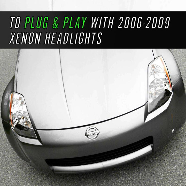 2003 - 2005 Nissan 350Z Z33 Facelift Style JDM Black D2S BiXenon Projector Headlight + Wire Adapter for Halogen Models to Upgrade
