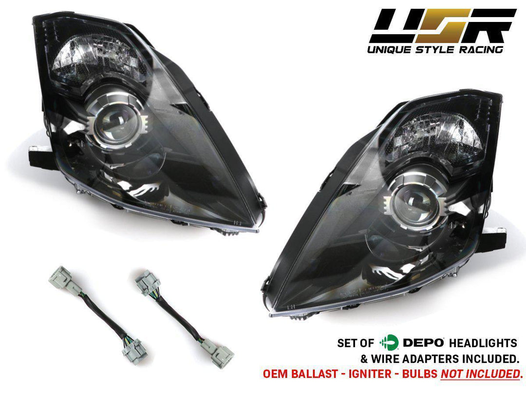 2003 - 2005 Nissan 350Z Z33 Facelift Style JDM Black D2S BiXenon Projector Headlight + Wire Adapter for Halogen Models to Upgrade
