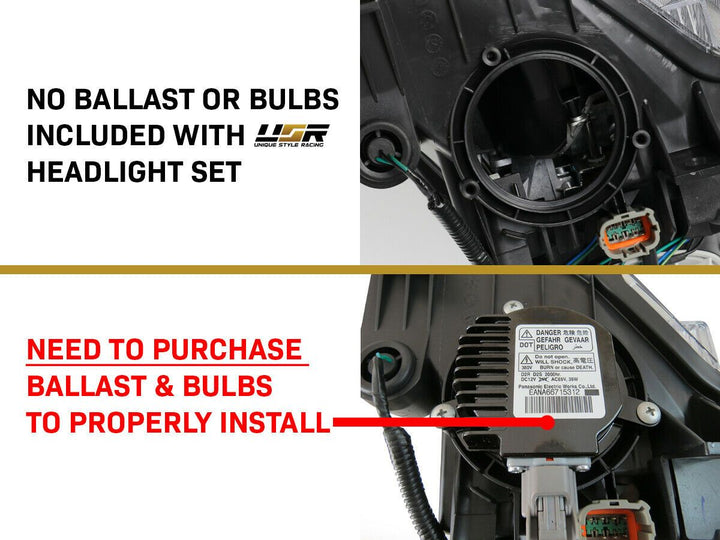 2003 - 2005 Nissan 350Z Z33 Facelift Style JDM Black D2S BiXenon Projector Headlight + Wire Adapter for Halogen Models to Upgrade
