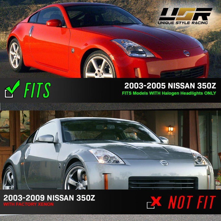 2003 - 2005 Nissan 350Z Z33 Facelift Style JDM Black D2S BiXenon Projector Headlight + Wire Adapter for Halogen Models to Upgrade