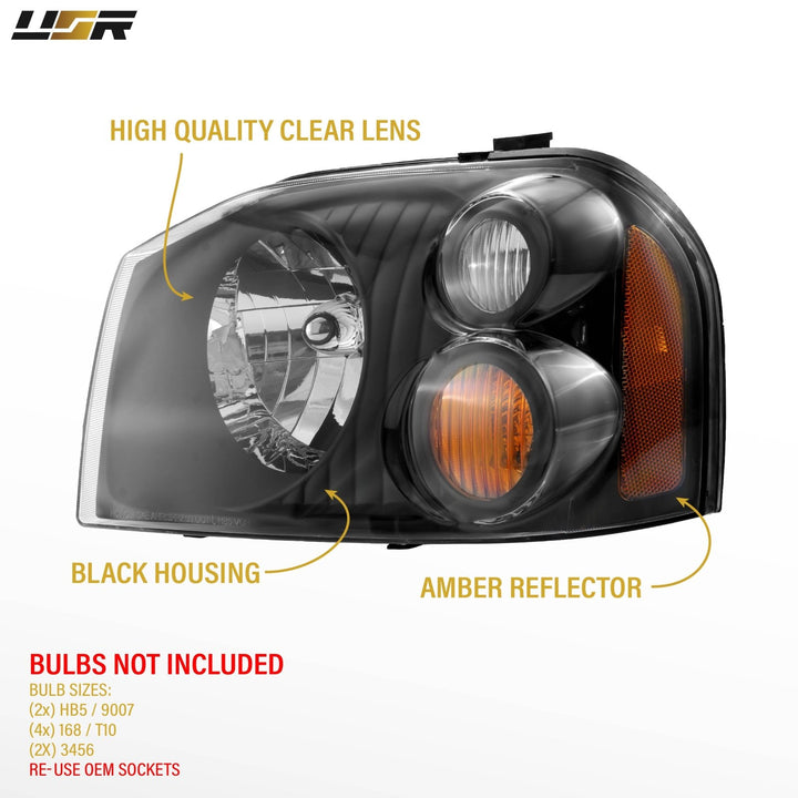 2001 - 2004 Nissan Frontier Black Housing Clear Lens with Amber Reflector Headlights