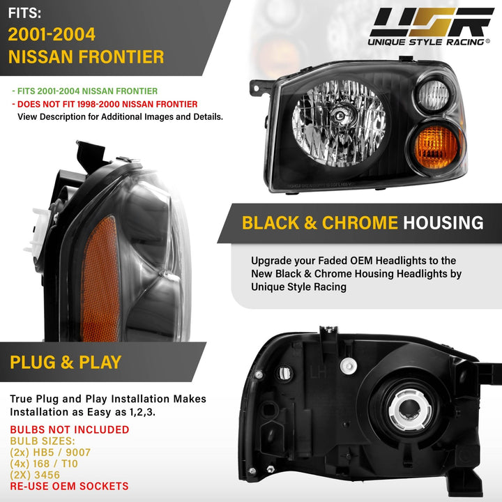 2001 - 2004 Nissan Frontier Black Housing Clear Lens with Amber Reflector Headlights