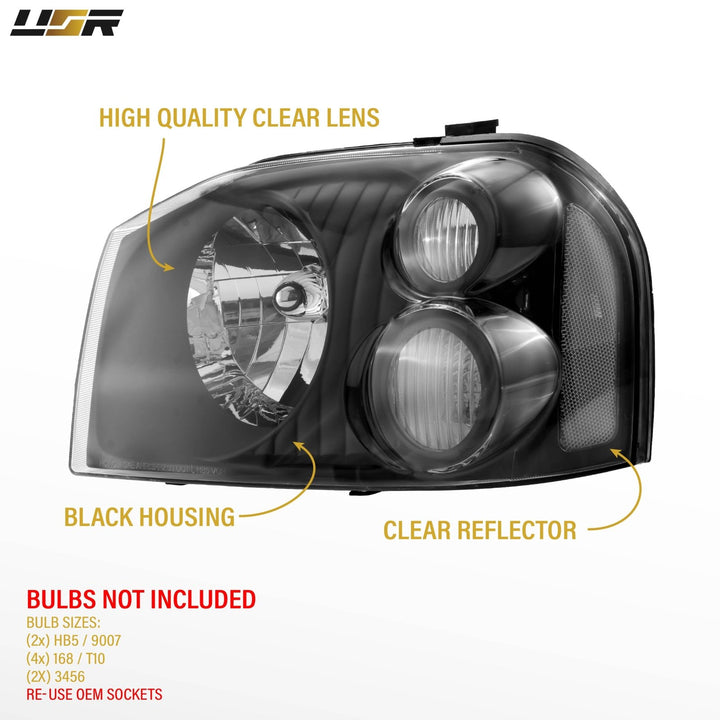 2001 - 2004 Nissan Frontier Black Housing Clear Lens with Clear Reflector Headlights