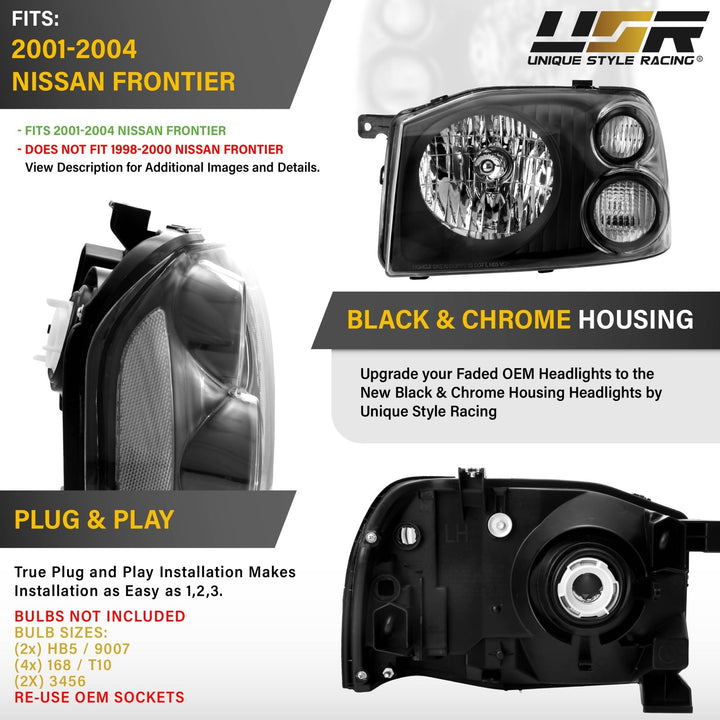 2001 - 2004 Nissan Frontier Black Housing Clear Lens with Clear Reflector Headlights