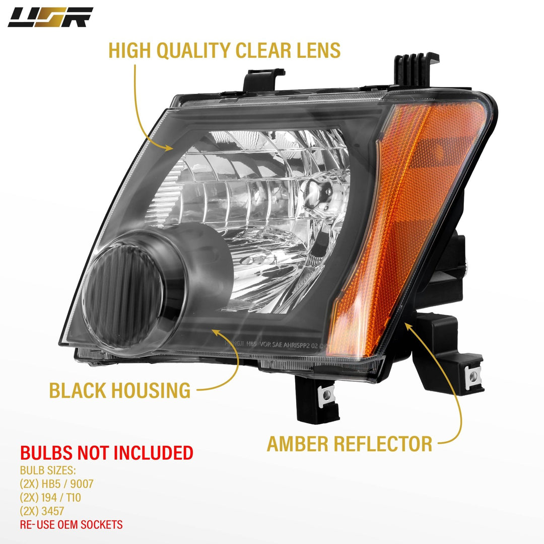 2005 - 2015 Nissan Frontier Black Housing Clear Lens AM Replacement Headlights