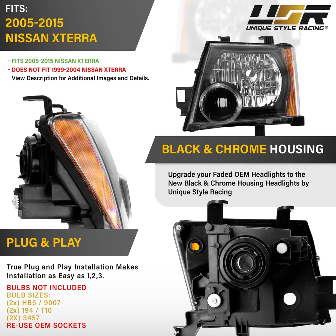 2005 - 2015 Nissan Frontier Black Housing Clear Lens AM Replacement Headlights