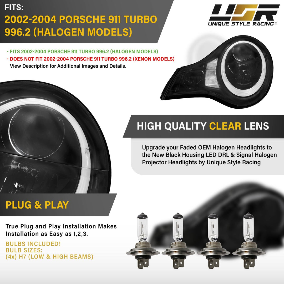 2002 - 2004 Porsche 911 Carrera Turbo 996.2 Chassis 991 Style LED Ring Black Housing Project Headlight