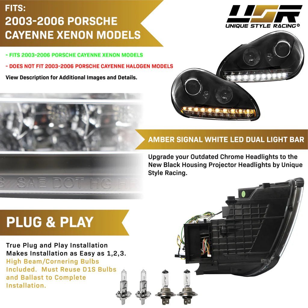 2003 - 2006 Porsche Cayenne 955 9PA Black Projector Headlights For Factory Xenon Models