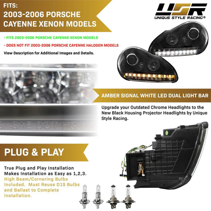 2003 - 2006 Porsche Cayenne 955 9PA Black Projector Headlights For Factory Xenon Models