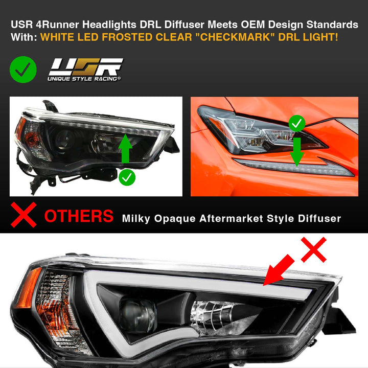 2014 - 2020 Toyota 4Runner White LED DRL Eyelid Light Bar Black Housing 2021 TRD Pro Style BuiltIn LED Low Beam Projector Headlight