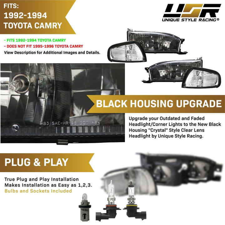 1992-1994 Toyota Camry JDM Style Black Headlight + Matching Clear Corner Lights