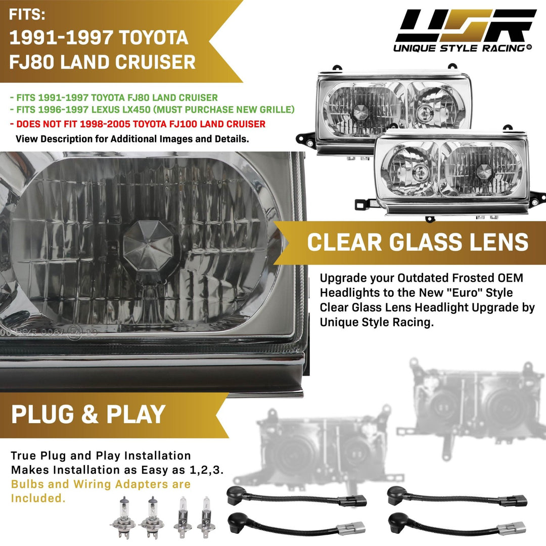 1991 - 1997 Toyota Land Cruiser FJ80 Euro Style Crystal Glass Lens Headlights w/ Optional US Spec Plug & Play Adapters