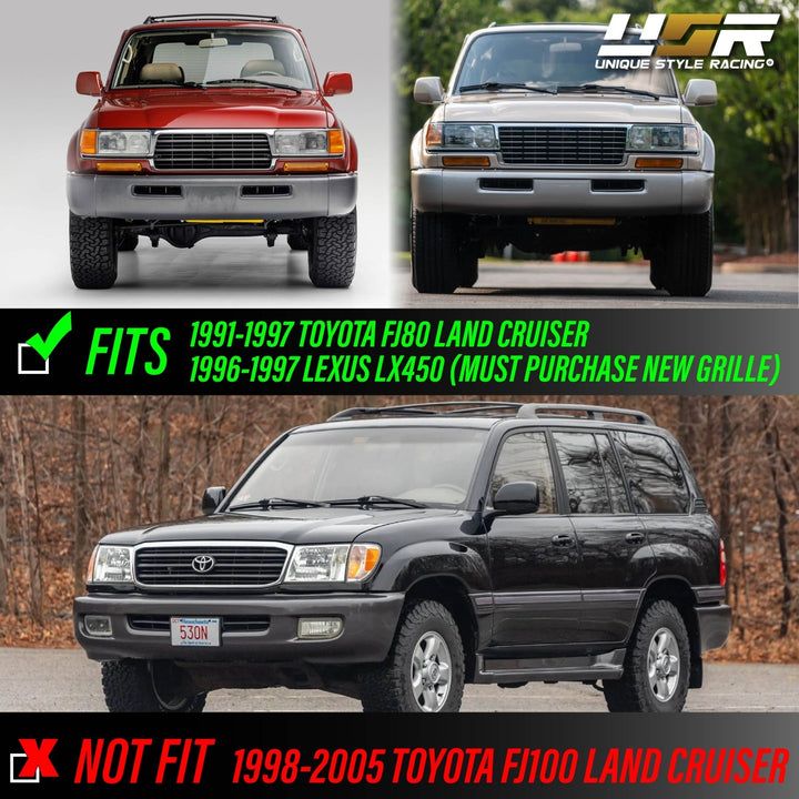 1991 - 1997 Toyota Land Cruiser FJ80 Euro Style Crystal Glass Lens Headlights w/ Optional US Spec Plug & Play Adapters