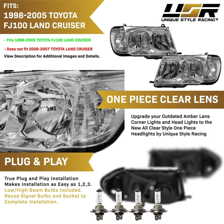 1998 - 2005 Toyota Land Cruiser FJ100 Chrome or Black Housing Crystal Clear Lens Headlights with Corner Light