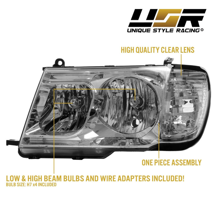 1998 - 2005 Toyota Land Cruiser FJ100 Chrome or Black Housing Crystal Clear Lens Headlights with Corner Light