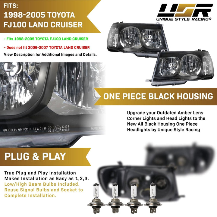 1998 - 2005 Toyota Land Cruiser FJ100 Chrome or Black Housing Crystal Clear Lens Headlights with Corner Light