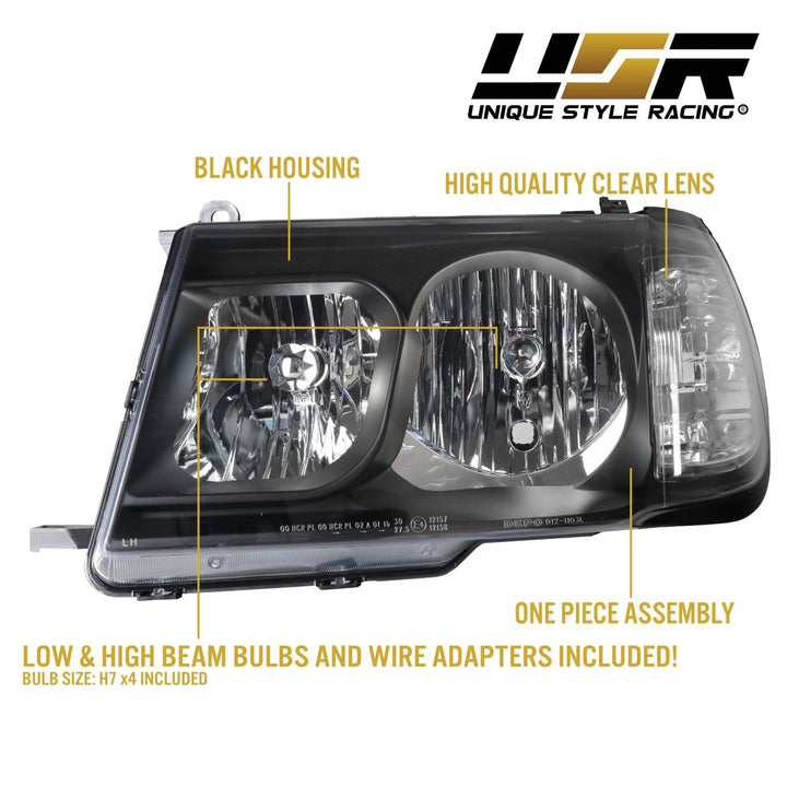 1998 - 2005 Toyota Land Cruiser FJ100 Chrome or Black Housing Crystal Clear Lens Headlights with Corner Light