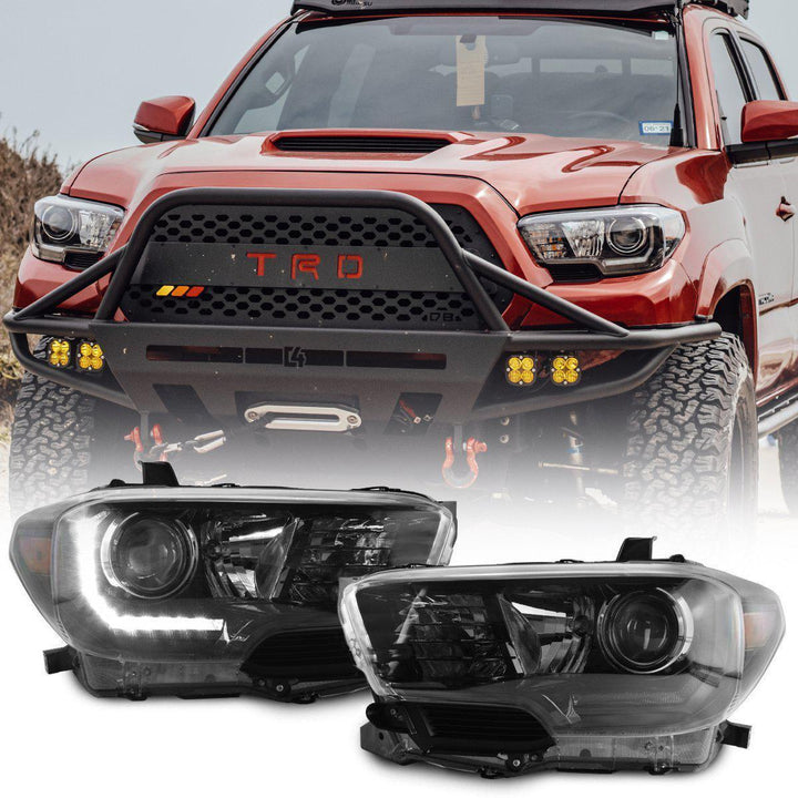 2016 - 2021 Toyota Tacoma LED DRL TRD Pro Style Black Projector Headlights For With or Without factory LED DRL models