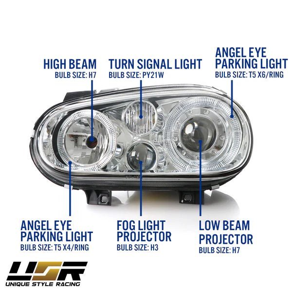 1992 - 2005 VW Golf / GTi Mk. 4 Projector Glass Lens Angel Halo Headlight With Optional Xenon HID