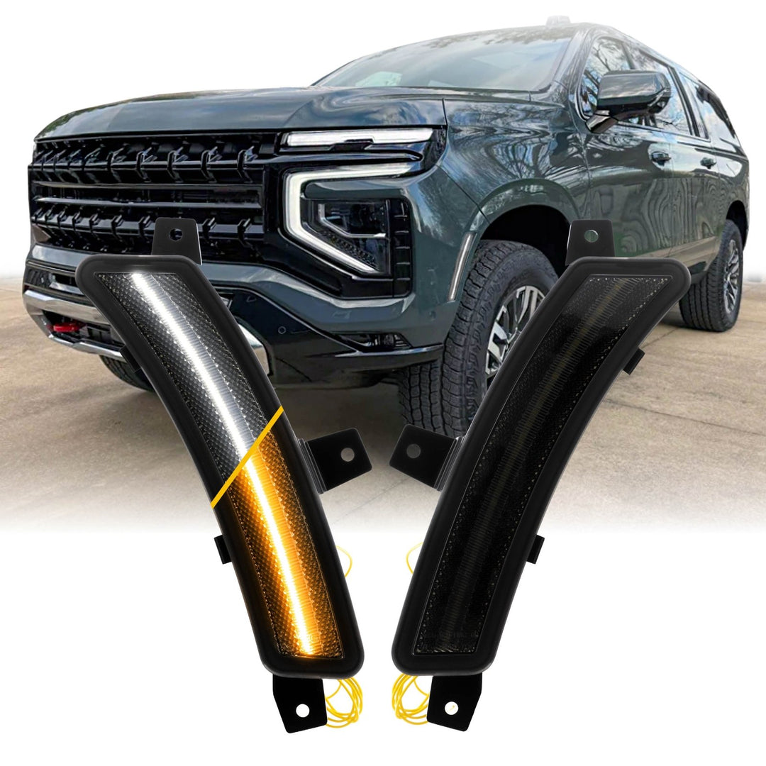 2025+ Chevrolet Chevy Suburban, Tahoe & GMC Yukon & Escalade Front Smoke Lens White Sequential LED Switchback Side Markers