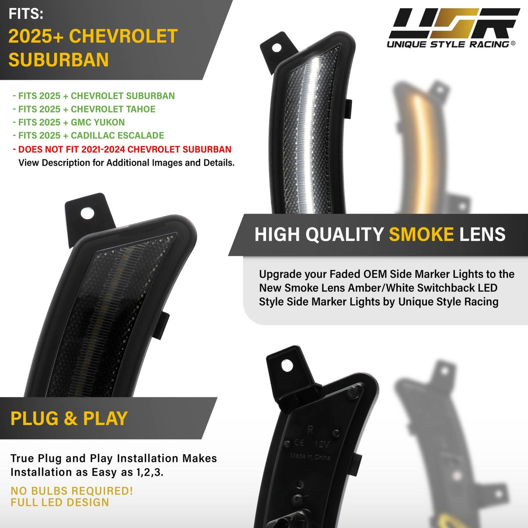 2025+ Chevrolet Chevy Suburban, Tahoe & GMC Yukon & Escalade Front Smoke Lens White Sequential LED Switchback Side Markers