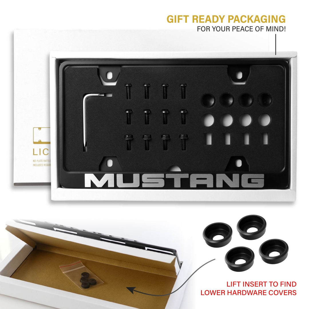 Ford Mustang Stealth Black Powder Coat License Plate Frame with 3D Raised Letters

#style_alloy-silver
