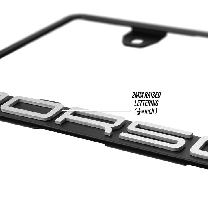 Porsche Models Stealth Black or Silver Powder Coat License Plate Frame with 3D Raised Letters