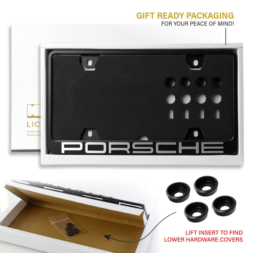 Porsche Models Stealth Matte Black Powder Coat License Plate Frame with 3D Raised Black or Silver Letters

#style_alloy-silver