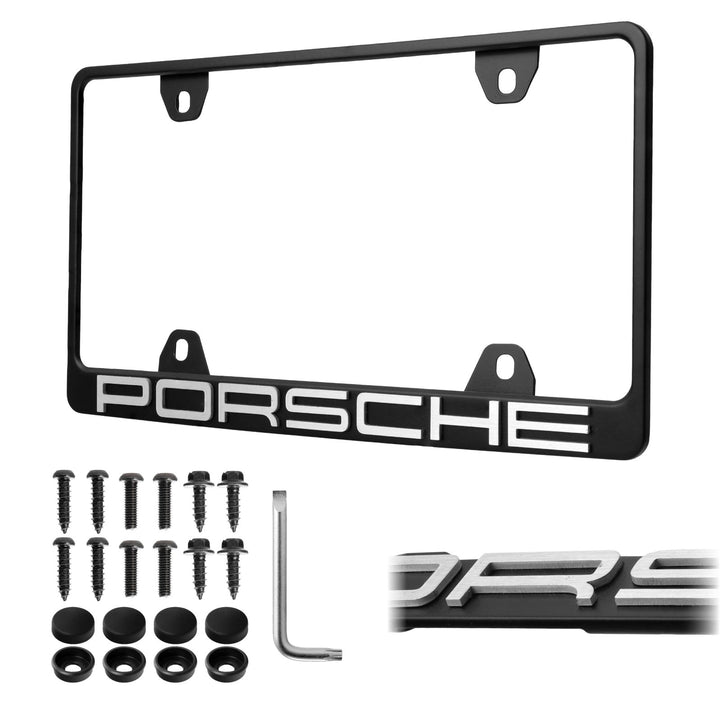 Porsche Models Stealth Black or Silver Powder Coat License Plate Frame with 3D Raised Letters