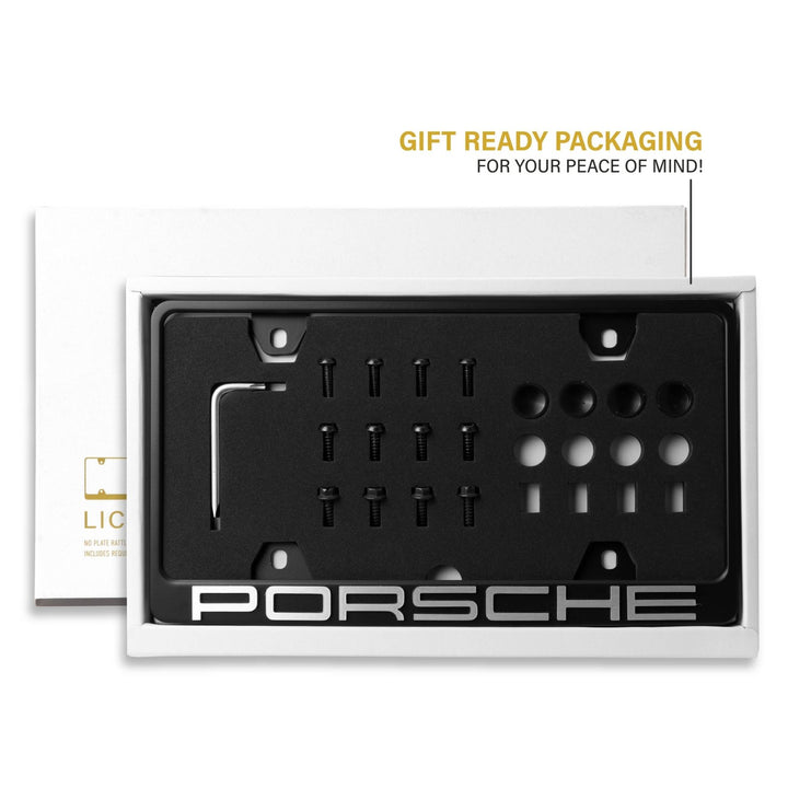 Porsche Models Stealth Black or Silver Powder Coat License Plate Frame with 3D Raised Letters