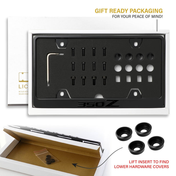 Nissan 350Z Stealth Black Powder Coat License Plate Frame with 3D Raised Letters